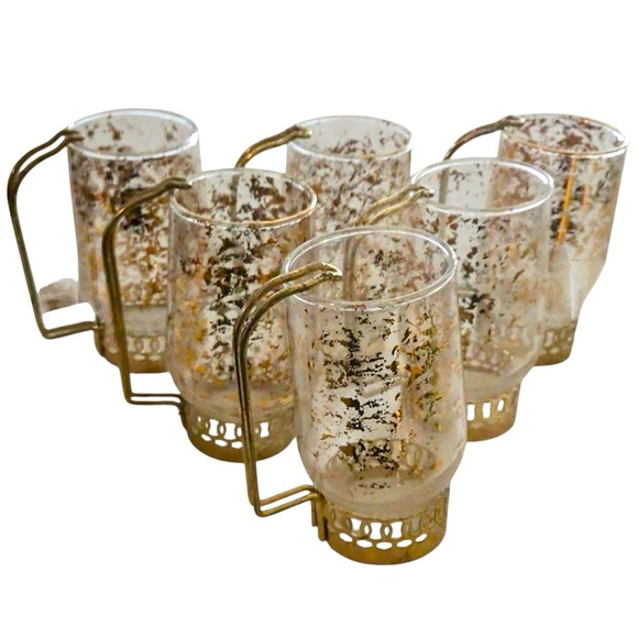 Set of Six Vintage Mid Century Modern Gold Fleck Glasses with Handles - Picture 1 of 11